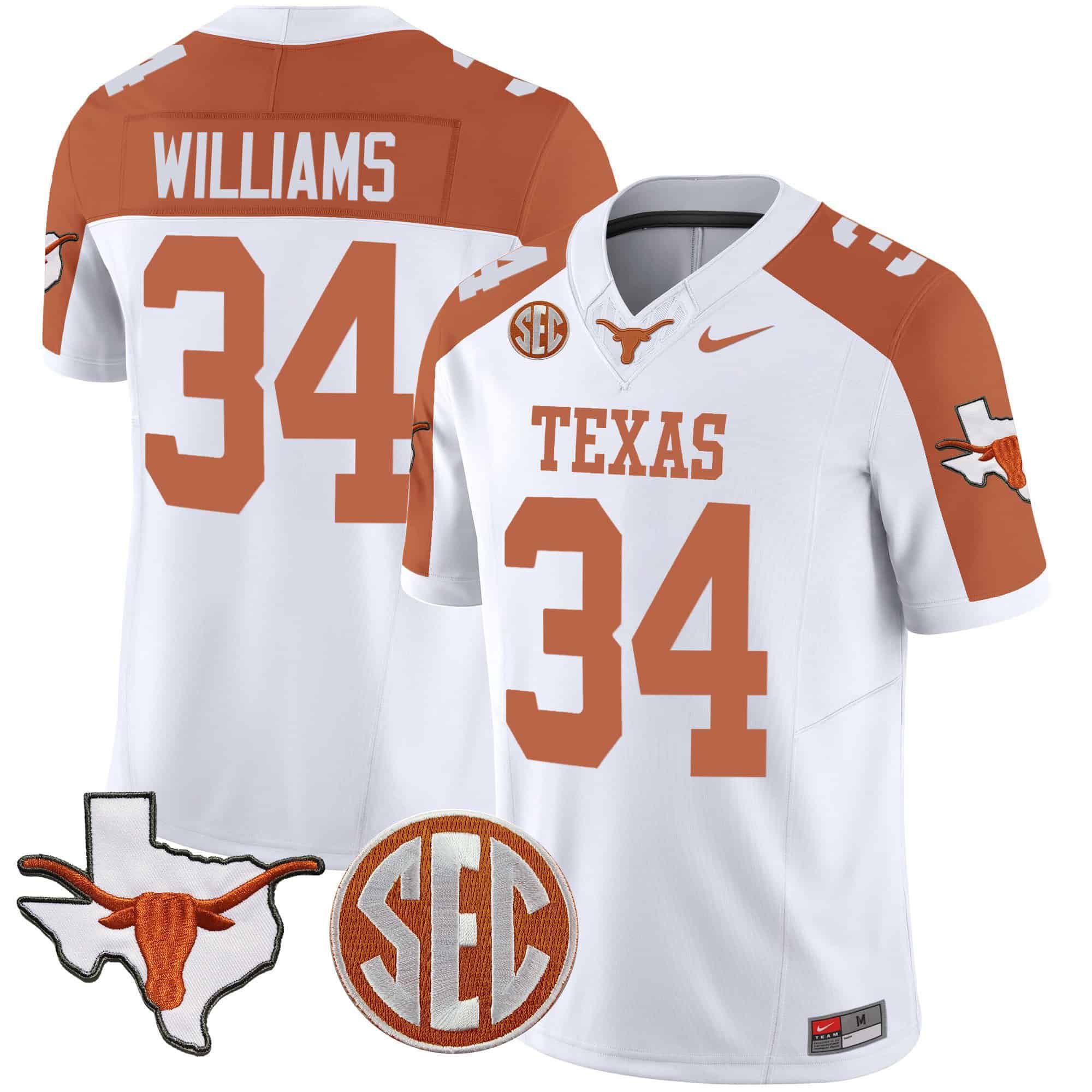 Men Texas Longhorns #34 Williams White 2024 Nike State Map & SEC Patch Vapor NCAA Jersey style 1